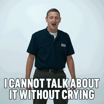 A Man In A Blue Shirt With The Words " I Cannot Talk About It Without Crying " On The Bottom GIF