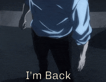 A Man In A Blue Shirt With The Words I 'M Back On The Bottom GIF