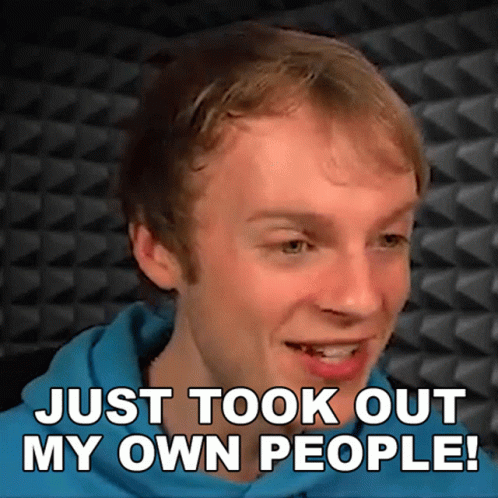 A Man In A Blue Shirt With The Words Just Took Out My Own People GIF