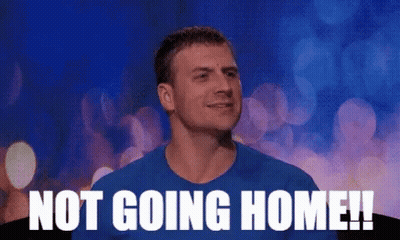 A Man In A Blue Shirt With The Words Not Going Home Written On It GIF