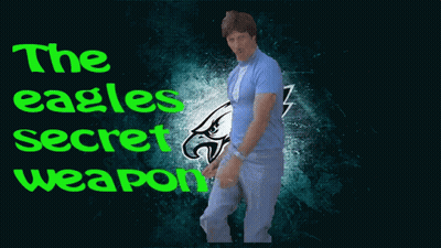 A Man In A Blue Shirt With The Words The Eagles Secret Weapon Below Him GIF