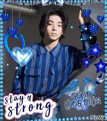 A Man In A Blue Striped Shirt Is Surrounded By Blue Hearts And Stars And The Words Stay Strong GIF
