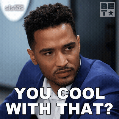 A Man In A Blue Suit Has The Words You Cool With That Written On His Face GIF