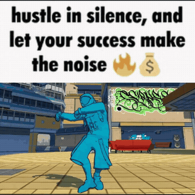 A Man In A Blue Suit Is Dancing In A Video Game With The Words Hustle In Silence And Let Your Success Make The Noise Bel GIF