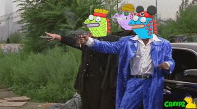 A Man In A Blue Suit Is Pointing A Gun At Another Man With A Cartoon Face GIF
