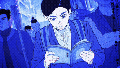 A Man In A Blue Suit Is Reading A Book With The Word X On It GIF