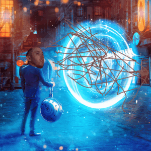 A Man In A Blue Suit Is Standing In Front Of A Blue Circle GIF