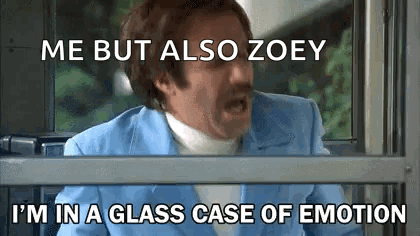 A Man In A Blue Suit Says " Me But Also Zoey " While Looking Out Of A Window GIF