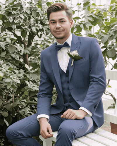 A Man In A Blue Suit Sits On A White Bench GIF