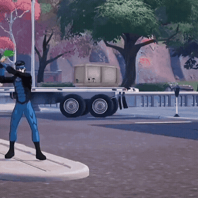 A Man In A Blue Superhero Costume Is Standing On A Sidewalk In Front Of A Truck GIF