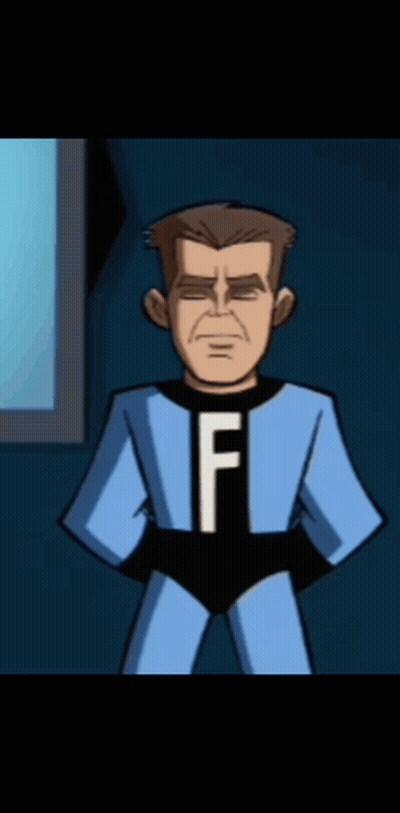 A Man In A Blue Superhero Costume With The Letter F On His Chest GIF