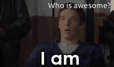 A Man In A Blue Sweater Is Asking Who Is Awesome . GIF