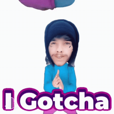 A Man In A Blue Sweater Is Holding A Balloon Above His Head With The Words I Gotcha Above Him GIF