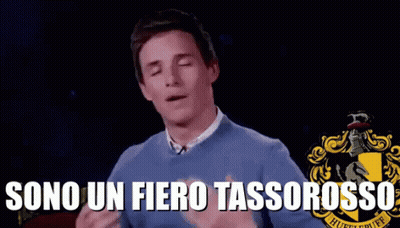A Man In A Blue Sweater Is Standing In Front Of A Hufflepuff Crest And Says Sono Un Fiero Tassorosso GIF