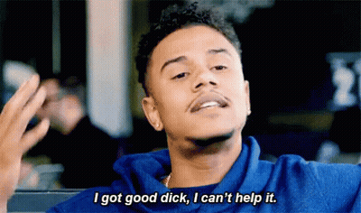 A Man In A Blue Sweatshirt Is Saying `` I Got Good Dick , I Can 'T Help It '' . GIF
