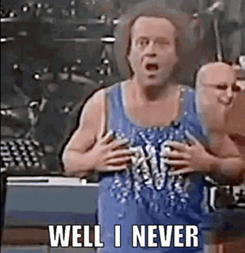 A Man In A Blue Tank Top Is Saying `` Well I Never '' While Holding His Chest . GIF