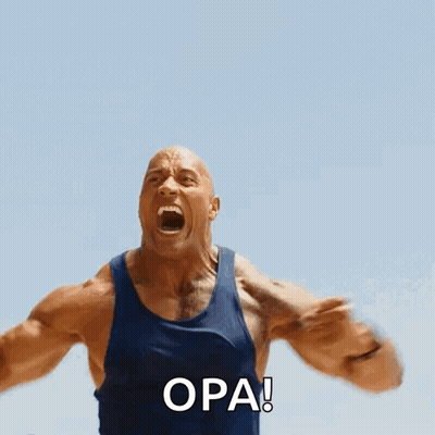 A Man In A Blue Tank Top Is Screaming With The Word Opa Written On The Bottom GIF