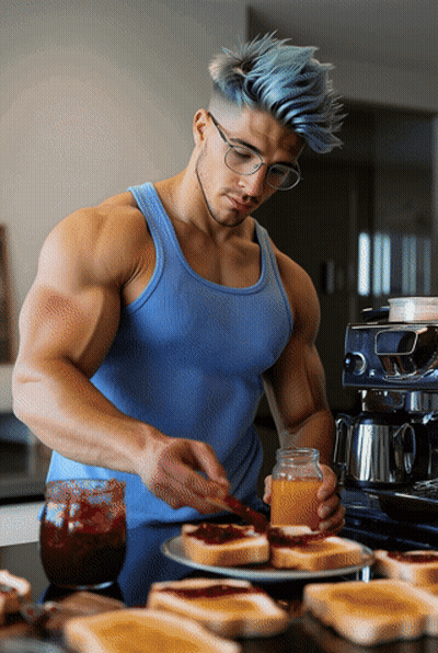 A Man In A Blue Tank Top Spreads Jam On Toast GIF