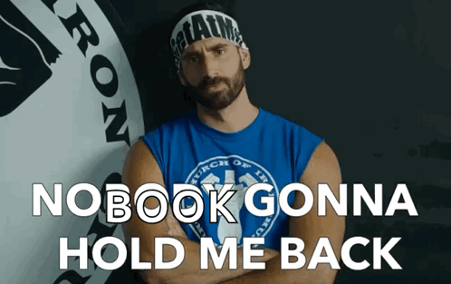 A Man In A Blue Tank Top With The Words Nobook Gonna Hold Me Back On The Bottom GIF
