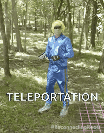 A Man In A Blue Tracksuit Is Standing In The Woods And The Word Teleportation Is On The Screen GIF