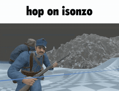 A Man In A Blue Uniform Is Holding A Rifle And The Words Hop On Isonzo Above Him GIF