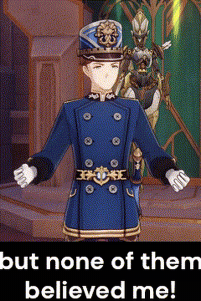A Man In A Blue Uniform Is Standing In Front Of A Sign That Says None Of Them Believed Me GIF