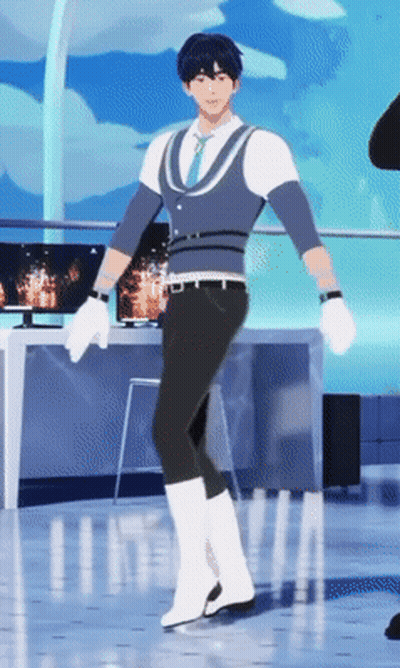 A Man In A Blue Vest And White Boots Is Standing On A Stage GIF