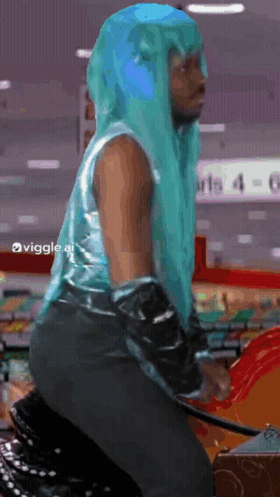 A Man In A Blue Wig Is Riding A Motorcycle In A Grocery Store GIF