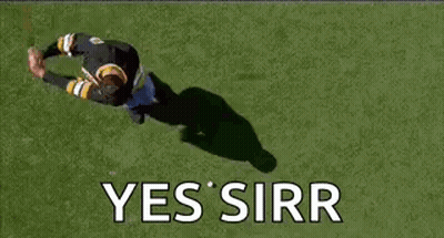 A Man In A Boston Bruins Jersey Is Standing On A Field With His Arms Outstretched And Screaming . GIF