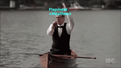 A Man In A Bow Tie Is In A Boat With The Words Flapmeat <Heathen > On The Screen GIF