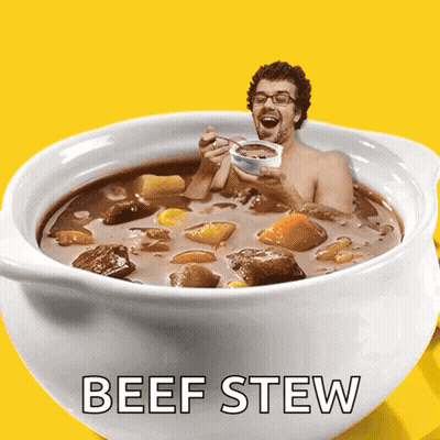 A Man In A Bowl Of Beef Stew With A Yellow Background GIF