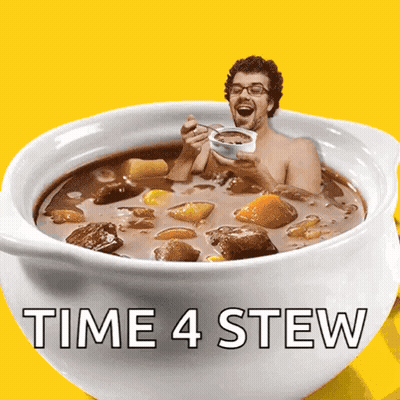 A Man In A Bowl Of Soup With The Words Time 4 Stew GIF