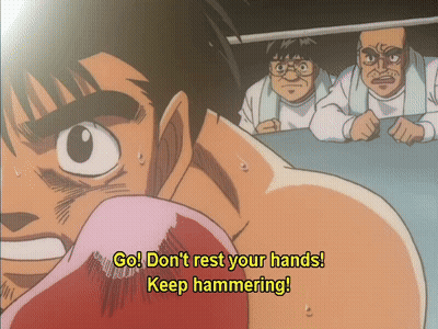 A Man In A Boxing Ring With The Words Go Don T Rest Your Hands Keep Hammering GIF