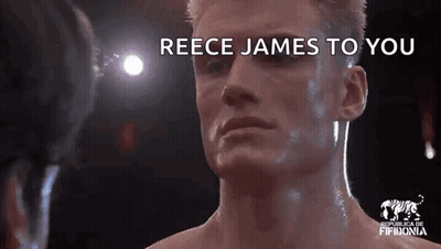 A Man In A Boxing Ring With The Words `` Reece James To You '' Written On The Bottom Of His Face . GIF