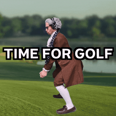 A Man In A Brown Coat And White Socks Is Standing On A Golf Course With The Words Time For Golf Below Him GIF