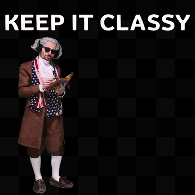 A Man In A Brown Coat And White Socks Stands In Front Of A Black Background That Says I Said Keep It Classy GIF