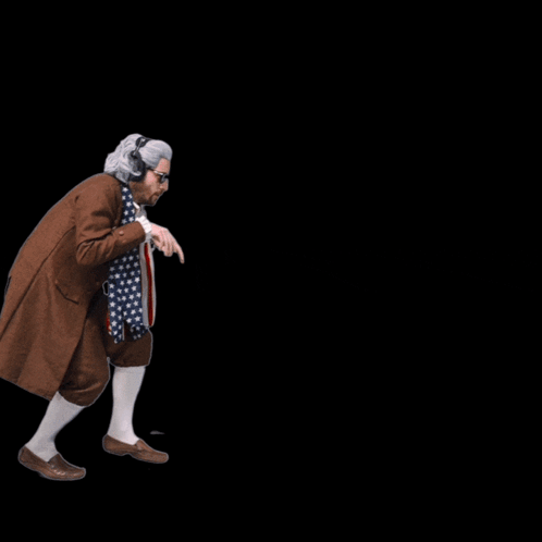 A Man In A Brown Coat Is Carrying A Flag In Front Of The Word Creepy GIF