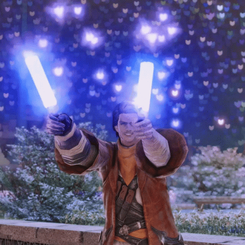 A Man In A Brown Coat Is Holding Up Two Lightsabers GIF