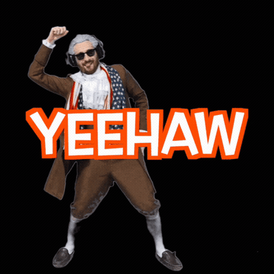 A Man In A Brown Coat Is Jumping In The Air With Yeehaw Written In Orange Letters GIF
