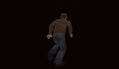 A Man In A Brown Jacket And Black Pants Is Running In The Dark GIF