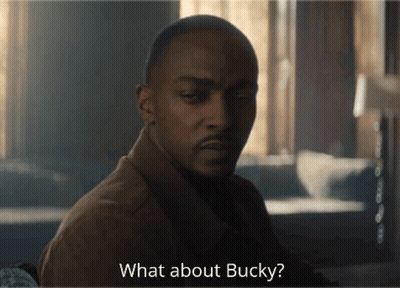 A Man In A Brown Jacket Is Asking " What About Bucky " GIF