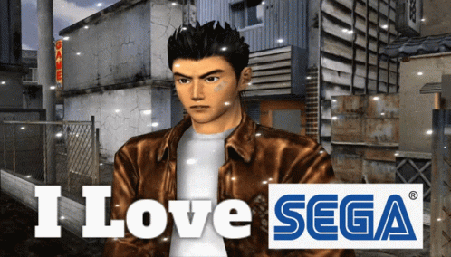 A Man In A Brown Jacket Is Standing In Front Of A Sign That Says " I Love Sega " GIF