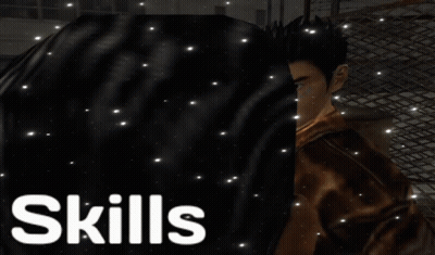 A Man In A Brown Jacket Is Standing In Front Of The Words Skills GIF