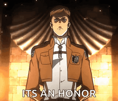 A Man In A Brown Jacket Stands In Front Of A Brick Wall With The Words " It 'S An Honor " Written Below Him GIF