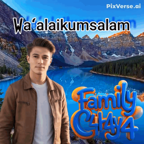 A Man In A Brown Jacket Stands In Front Of A River And Mountains With The Words Wa ' Alaikumsalam Family City 4 GIF