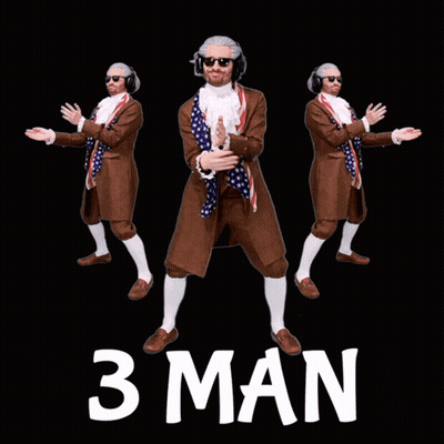 A Man In A Brown Suit And White Socks Is Dancing With The Words 3 Man Behind Him GIF