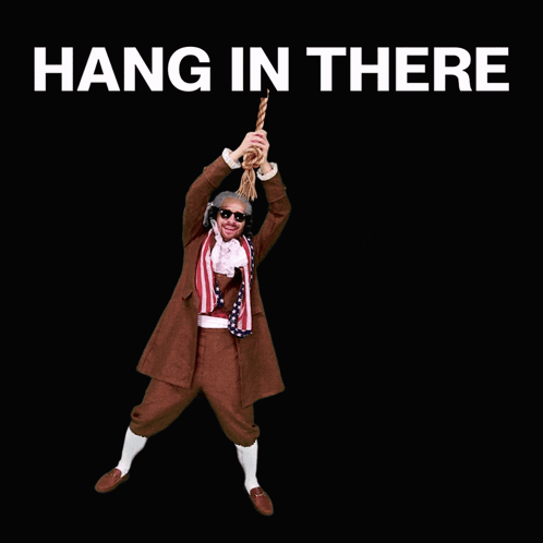 a man in a brown suit is holding a rope with the words hang in there above him