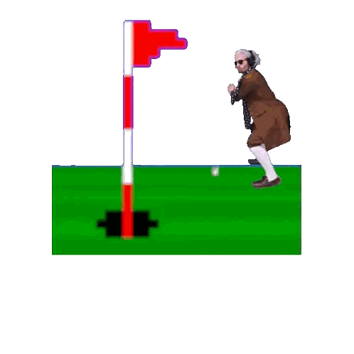 A Man In A Brown Suit Is Standing In Front Of A Golf Flag And A Sign That Says Golf Sticker