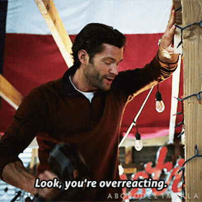 A Man In A Brown Sweater Says Look You 'Re Overreacting In Front Of A Flag GIF