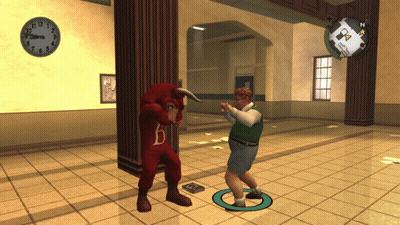 A Man In A Bull Costume Stands Next To Another Man In A Green Vest GIF